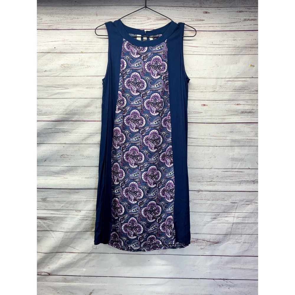 Sahalie Sleeveless Paisley Shift Dress Boho Whimsigoth Contrast Panel M Navy